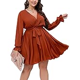 SCOMCHIC Women's Plus Size Long Sleeve Wrap V Neck Tie Waist A Line Mini Dress