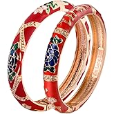 UJOY Classic Cloisonne Bracelets Enamel Jewelry Plated Bamboo Flower Cuff Metal Bangle for Women Gift Box