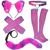Pistha Pink and Purple Striped Cat Costume Including Cat Ear Headband Furry Tail Heart Collar Striped Gloves and Socks for Women Halloween Cosplay Accessories