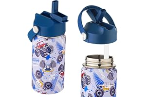 KIMITIMI Insulated Water Bottle for KIds with Straw-12oz, Stainless Steel Water Bottle, Double Walled Thermal Cup with Handle Lid, Leakproof Wide Mouth Reusable Sports Bottle-Car