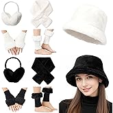 Tivi Tovo 10 Pcs Winter Faux Fur Collar Scarf Wrap Winter Fuzzy Bucket Hat Ear Muff Wrist Cuffs Leg Warmer Set for Girl Women Black, White