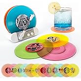 Funny Retro Vinyl Record Coasters, Creative Drink Coasters Set of 6 with Vinyl Record Player Holder for Music Lovers, Housewarming Hostess Gifts (12, V1&V4)