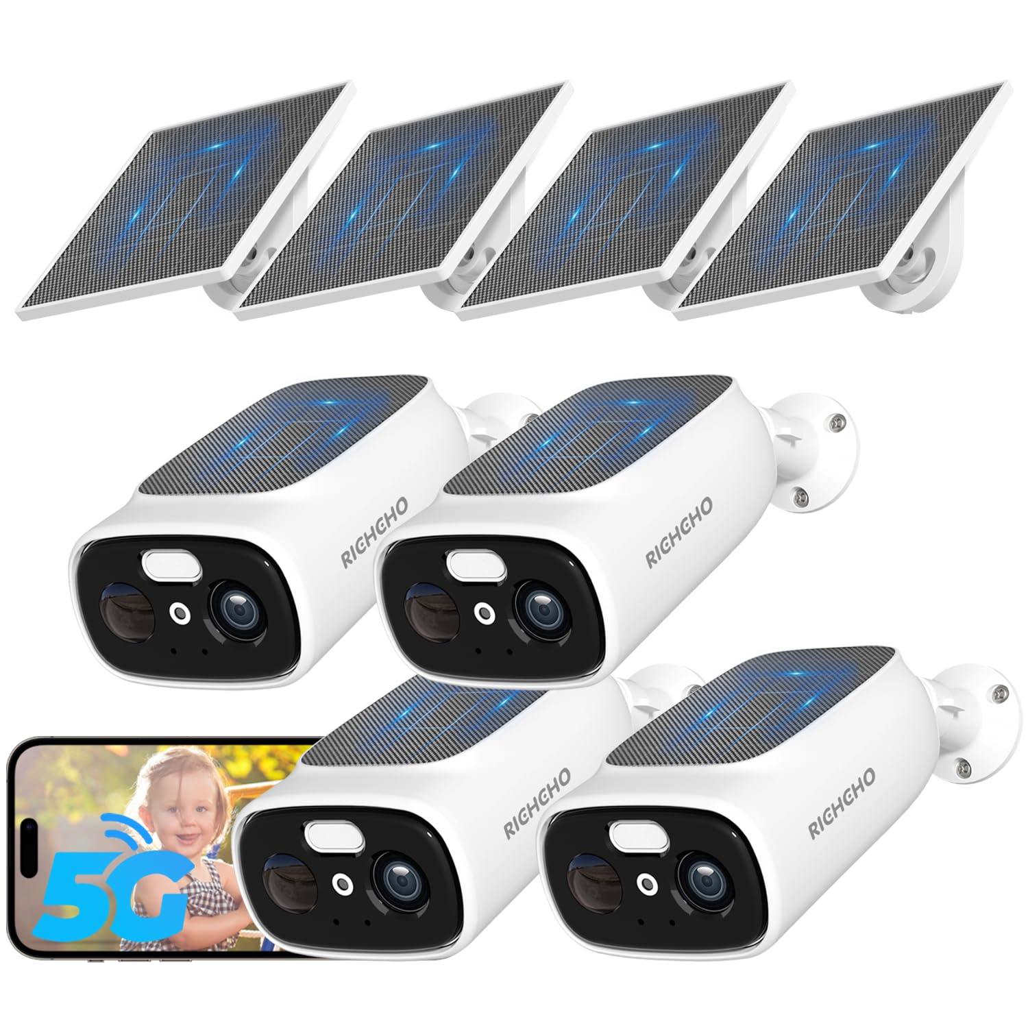 Photo 1 of 4pc 2.4G/5G WiFi Cameras for Home Security with Double Solar Panels, 2K Solar Security Cameras Wireless Outdoor, Color Night Vision , 2-Way Talk, Spotlight, Siren,IP66, Cloud/SD, AI Detection, W/Alexa