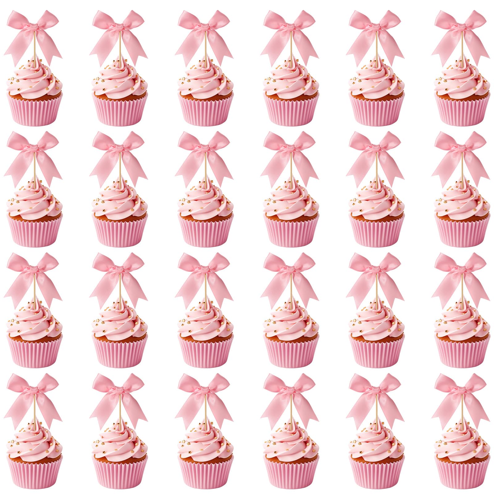Photo 1 of 24 Pcs Bow Cupcake Toppers, Bow Cake Toppers Cute Polyester Satin Ribbon with Bowknot Cupcake Picks Birthday Wedding DIY Dessert Cake Decorations for Coquette Theme Party Baby Shower (Rose)