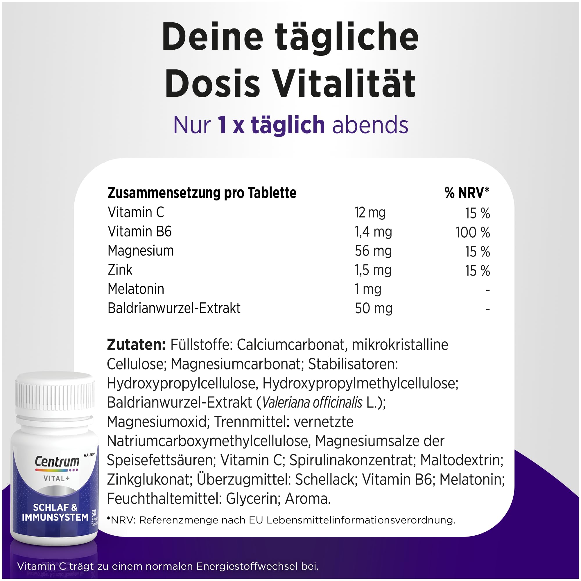 Multivitamin - Centrum Vital+ Schlaf & Immunsystem, Hochwertiger Nährstoffkomplex für erholsamen Schlaf, Immunsystem und Zellregeneration**, Melatonin, Vitamin C, Zink, Baldrian, 30 Tabletten 6