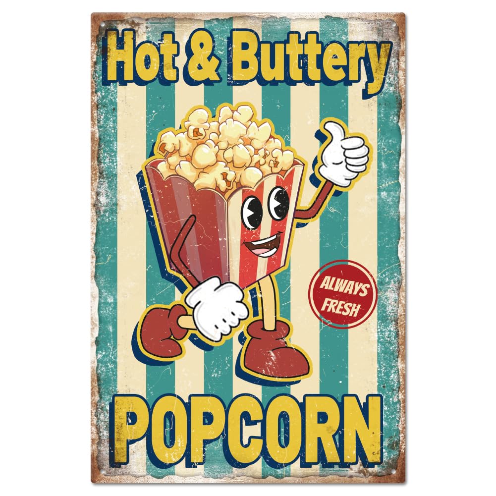 GLOBLELAND Vintage Popcorn Cartoon Character Metal Tin Sign 8×12inch Retro Delicious Popcorn Funny Tin Room Door Sign Cave Signs Art Plaque Poster Wall Decor for Home Bars Cafe Pubs Club Decoration