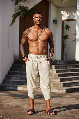 COOFANDY Men's Linen Capri Pants Casual Loose Hippie Yoga Beach
