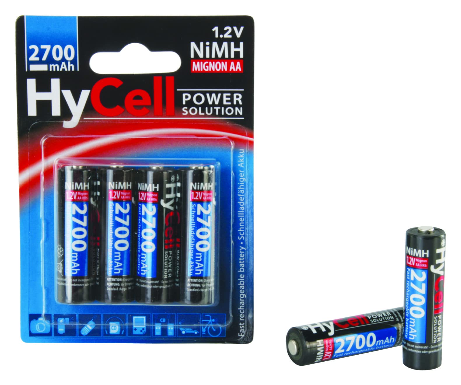HYCELL AA NiMH Rechargeable Batteries - Recharge capacity of 2700mAh - Pack of 4 | AA batteries for many devices that take AA cells - toys, cameras, flash units, cordless phones, games consoles