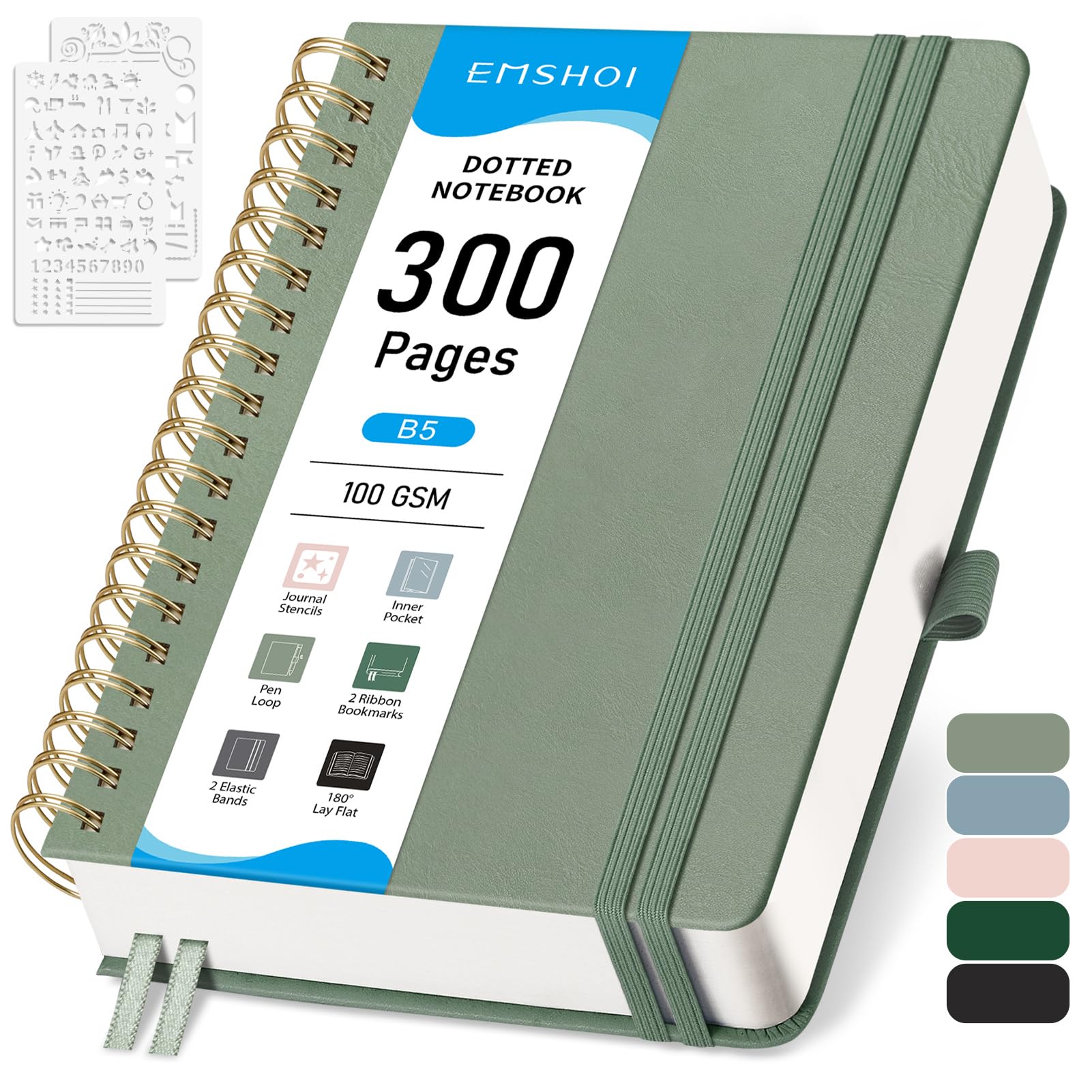 EMSHOI B5 Dotted Notebook, Spiral Notepad 150 Sheets/300 Pages, 100gsm, HardCover, Stencils, Pocket, Pen Loop, Ruler, Bookmark, Bullet Dot Grid Journal for Women Men Writing, 19 x 25.8cm, Sage Green