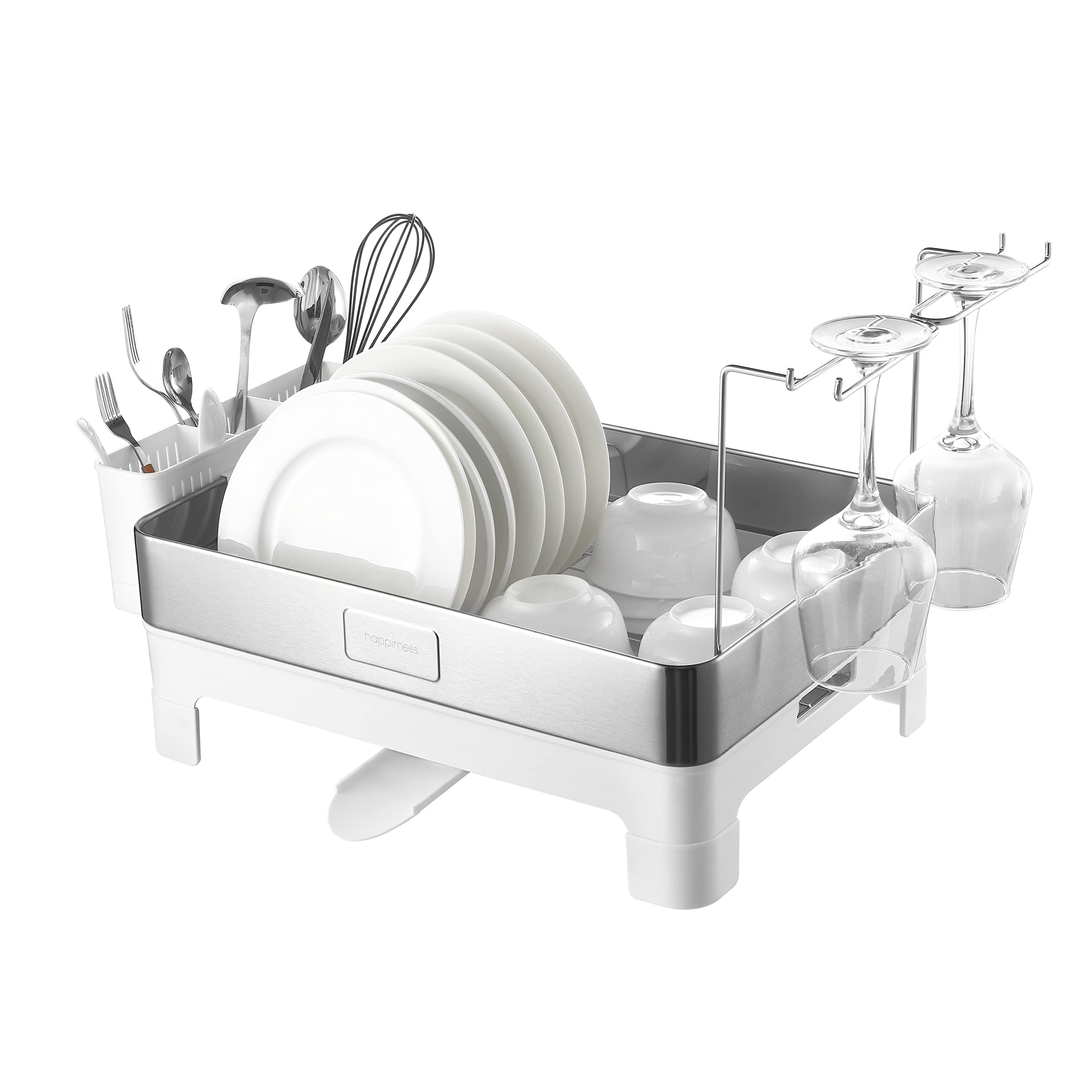 happimess DSH1003B Simple 20.5′ Fingerprint-Proof Stainless Steel Dish Drying Rack, Dish Rack with Swivel Spout Tray and Wine Glass Holder, Utensil Holder, Stainless Steel/White, Silver/White