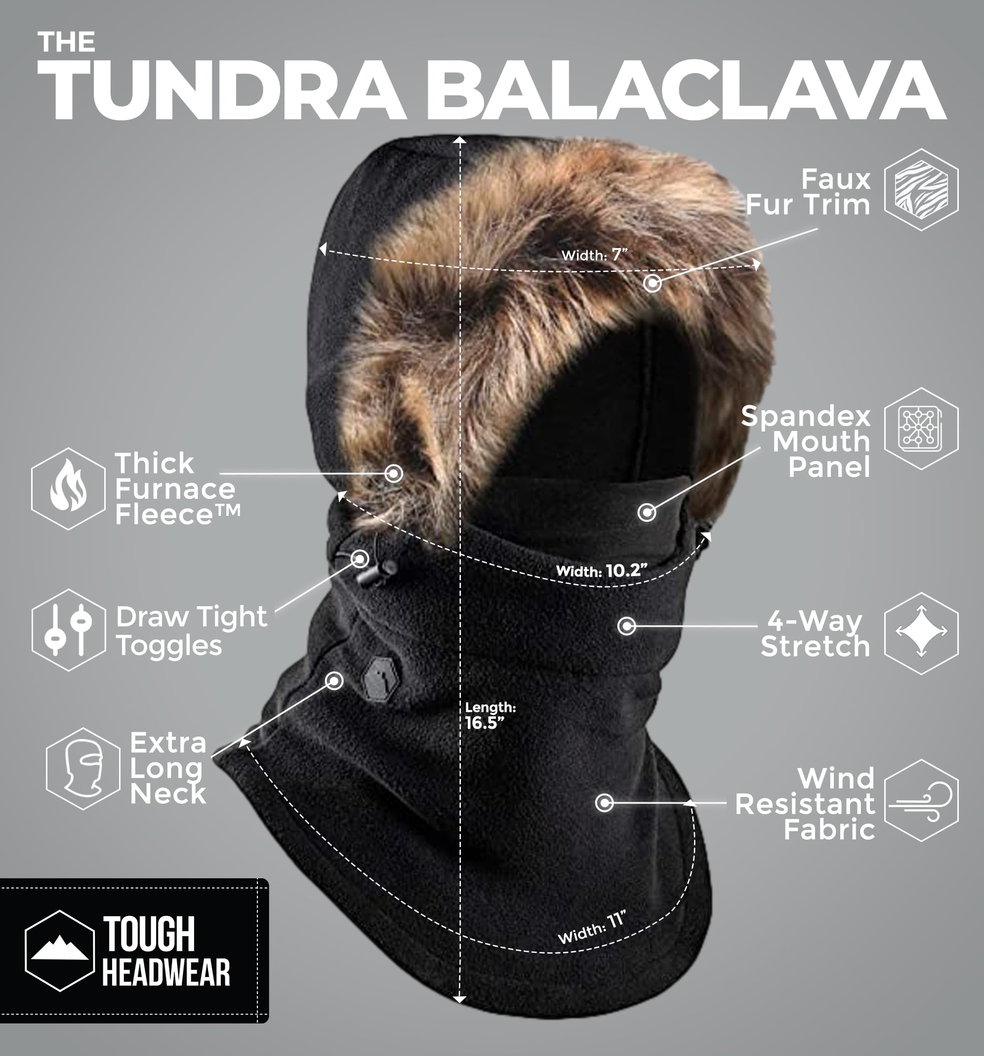 Tough Headwear Fleece Balaclava Ski Mask - Windproof Face Covering - Ski Mask for Cold Weather Gear - Winter Accessories