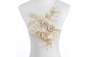 Silvora 3D Embroidered Flower Fabric Beaded Rhinestones Pearl Lace Applique, DIY Patches Accessory for Wedding Dresses，Neckline Bodice Pants(Gold)