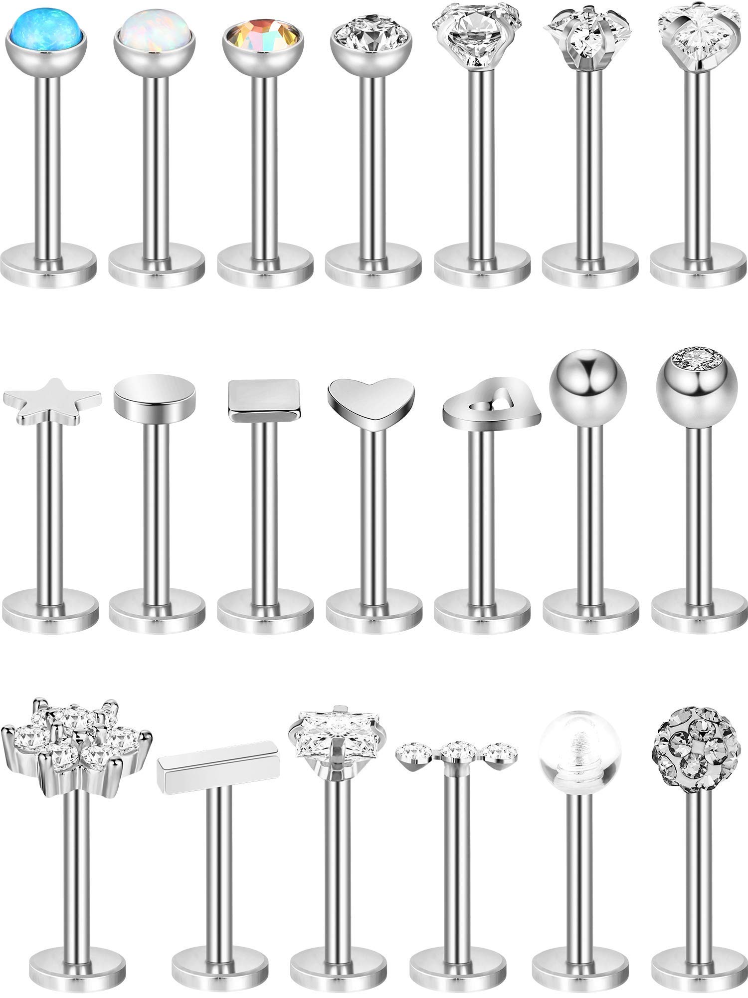 20 Pieces 16G Nose Studs Stainless Steel Nose Lips Cartilage Piercing Jewelry for Women Favors (Silver)