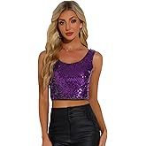 Allegra K Women's Sequin Tops Metallic Sparkle Glitter Sleeveless Camisole Tank Top Party Club Crop Tops