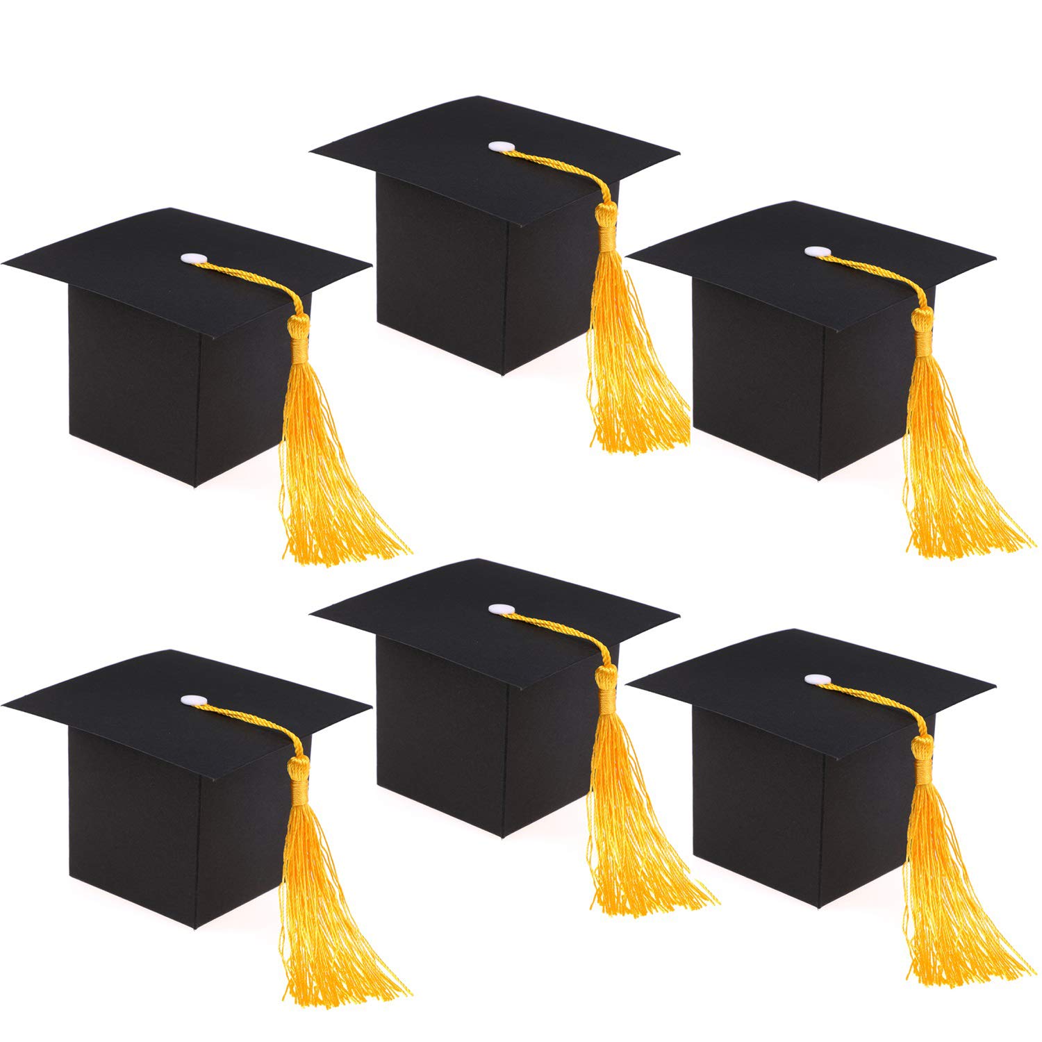 HOWAF 30pcs Black Graduation Cap Shaped Candy Box Chocolate Sweets Gift Box with Yellow Tassel for Graduation Party Favours Decorations