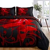 WONGS BEDDING Valentine's Day Red Comforter Set Queen, Reversible Red Rose Pattern Printed Bedding Down Comforter with 2 Pillowcases for All Seasons, Soft Microfiber Lightweight Bedding Set 90"x90"