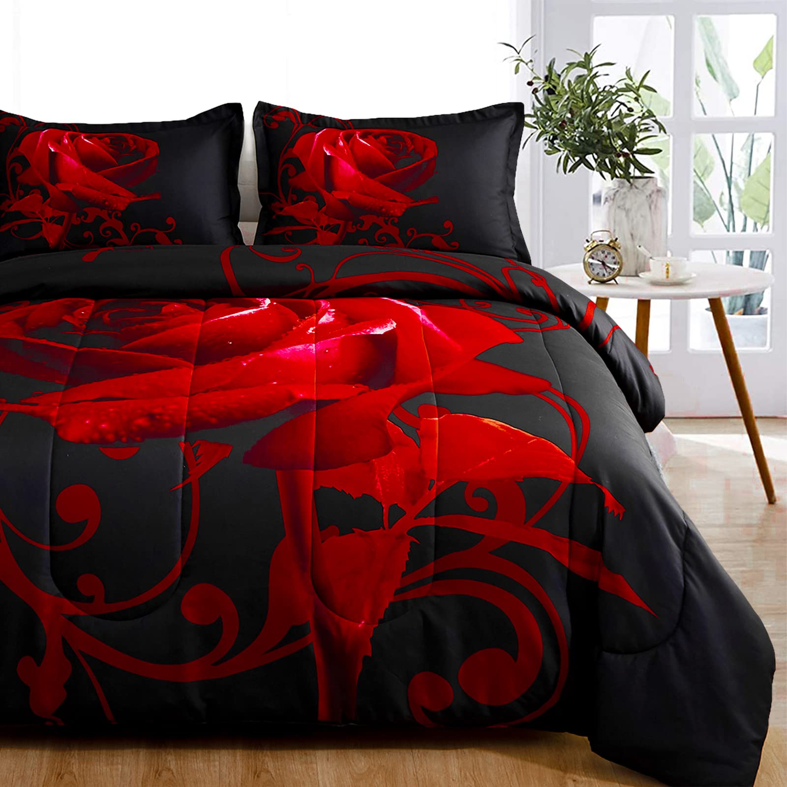 Photo 1 of WONGS BEDDING Red Comforter Set King Reversible Red Rose Pattern Printed Bedding Down Comforter with 2 Pillowcases for All Seasons, Soft Microfiber Lightweight Bedding Set 103"x90"