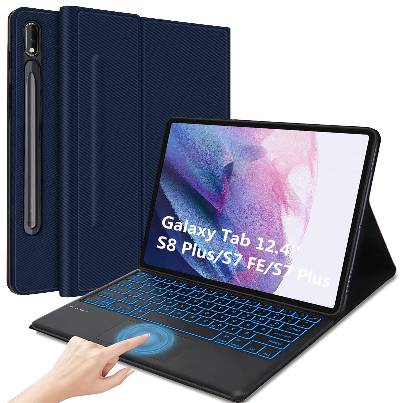Photo 1 of Keyboard Case for Galaxy Tab S8 Plus 12.4"- Smart Trackpad - 7 Colors Backlight- Magnetic Detachable Keyboard with S Pen Holder- Protective Stand Cover for Tab S7 FE 2021 & S8 Plus 2022 - Drak Blue