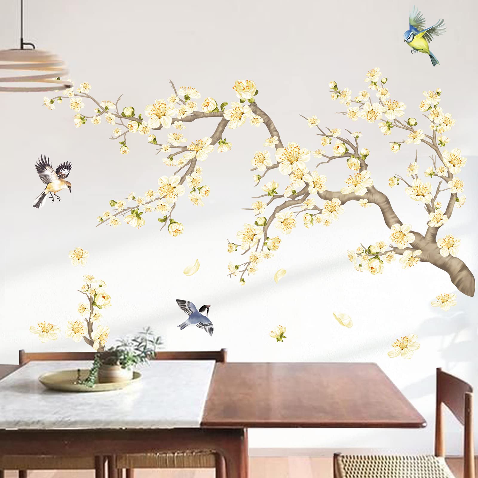 decalmile Flower Branch Wall Stickers Yellow Blossom Pear Flower Birds Wall Decals Kids Bedroom Living Room Window Wall Decor (Width:119CM)