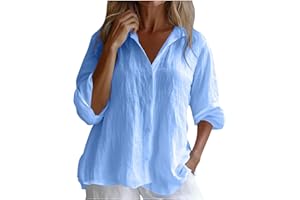Cotton Linen Button Down Shirt Henley Tops for Women Long Sleeve Collared Blouses Lightweight Spring Summer Beach Tops