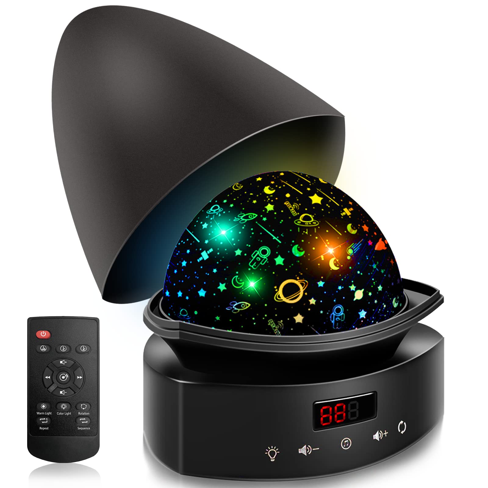 Moredig Energy Tower Projection Lamp, Rotation Baby Night Light Projector with White Noise 8 Colors Bluetooth Timer Remote, Birthday Children's Day Gifts for Kids Bedroom Decor - Black Advanced