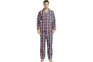 Vulcanodon Mens Cotton Pajama Set, Button Down Woven Pajama Set for Men Plaid Men's Sleepwear