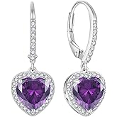 FJ Heart Dangle Drop Earrings 925 Sterling Silver Halo Leverback Earrings Birthstone Jewelry for Women