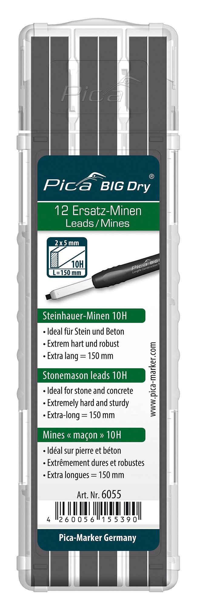 Pica BIG DRY Pen Pack of 12 Pencil Refills Stonemason Black Graphite 10H 6051