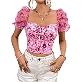 MakeMeChic Women's Floral Puff Sleeve Crop Tops Sweetheart Bow Tie Front Ruched Blouse