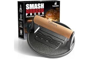 Tulvera Smash Burger Press | Cast Iron Hamburger Smasher Tool | Flat-Edge Meat Press for Hamburgers, Bacon, Outdoor Kitchen | Griddle & Grilling Accessories | Pre-Seasoned | 6.1”