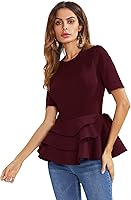 Romwe Women's Vintage Layered Ruffle Hem Slim Fit Round Neck Peplum Blouse