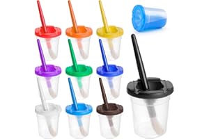 Mkobon 10 PCS No Spill Paint Cups with Colored Lids and Brushes for Kids, Spill Proof Paint Brush Cleaner Cup, Toddler Water Cups for Painting, Arts and Crafts Supplies, for Acrylic Paint, Watercolor