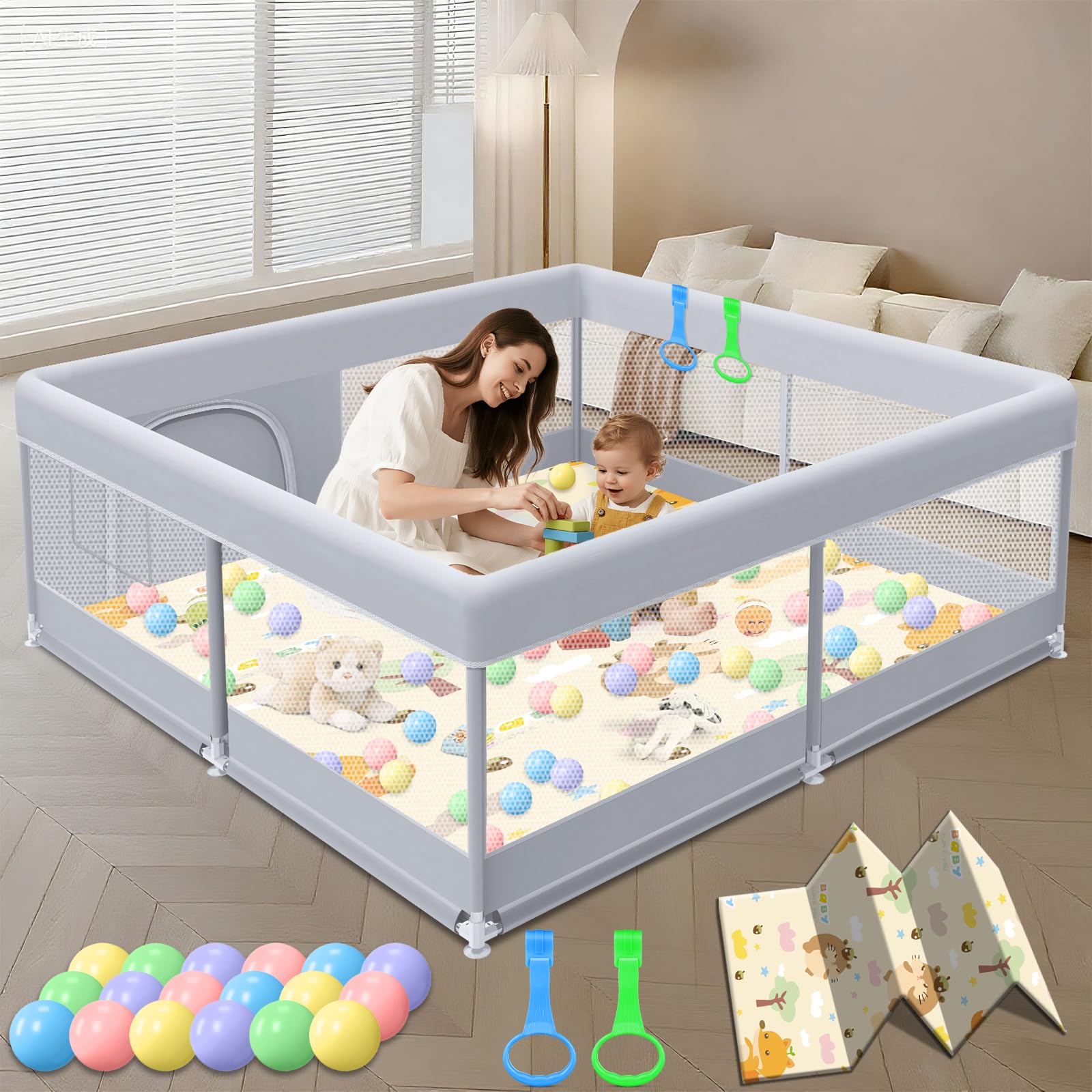 Photo 1 of XVISHX Baby Playpen with Mat, 50x50 Inch Play Pen, Playpen for Babies and Toddlers, Baby Playard for Indoor & Outdoor Active Center Game Fence, with Skin-Friendly Fabric and Soft Breathable Mesh
