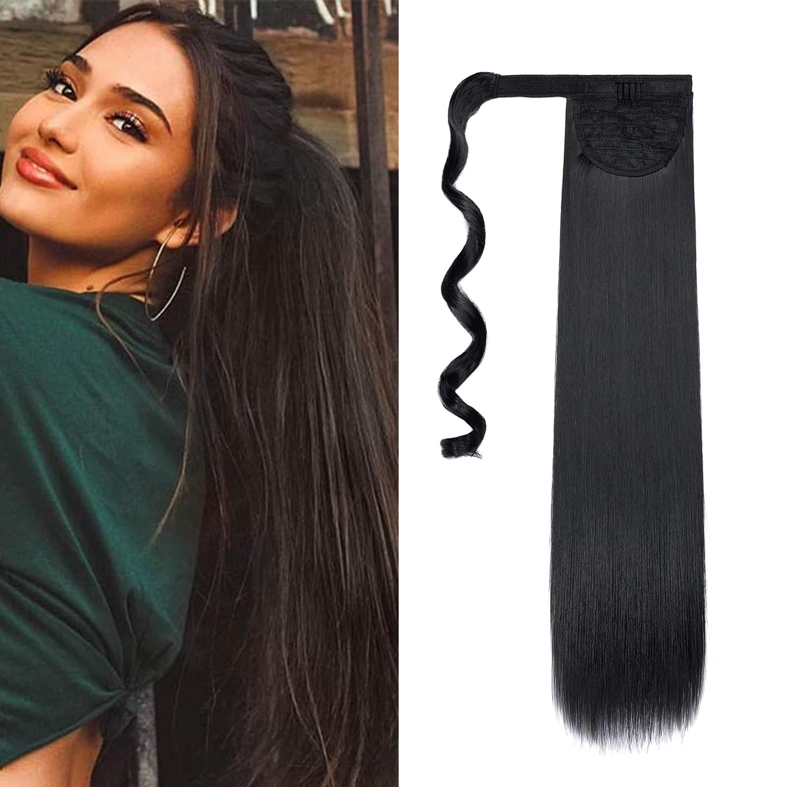 Cybelleza Straight Ponytail Extension Long Wrap Around Ponytails 22 inch Clip in Hair Extensions Hairpiece Synthetic for Women 105g, Black — image 1