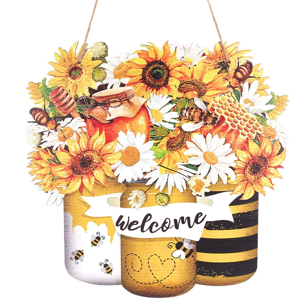 CREATCABIN Wooden Welcome Door Sign with Sunflower - Hanging Outdoor Decor for Farmhouse, Porch, Wall, Home - Yellow Front Door Decoration 11.65x11.5Inch