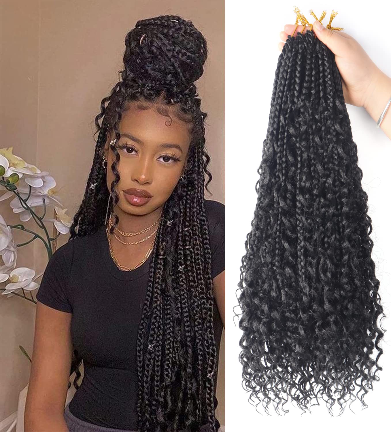 8Packs Goddess Box Braids Crochet Hair With Curly Ends 22inch Pre-looped Bohomian Crochet Box Braids Synthetic Braiding Hair Extensions (22 inch, 1B) — image 1