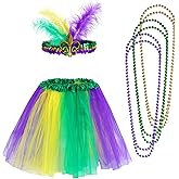 Rthjsfj Mardi Gras Tulle Tutu Skirt with Feather Headband and Beads for Women Girls, Yellow Green Purple Masquerade Costume Accessories
