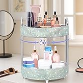 Honeydak 360 Rotating Perfume Organizer Rhinestone Bathroom Counter Organizer Makeup Holder with 2 Tiers Skincare and Perfume Storage, Large Capacity Vanity Storage for Cosmetic Countertop Decor