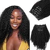 Lashey Seamless Clip in Hair Extensions Human Hair Afro Kinky Curly 7pcs 110g Hair Extension Clips for Black Women 14 Inch Natural Black