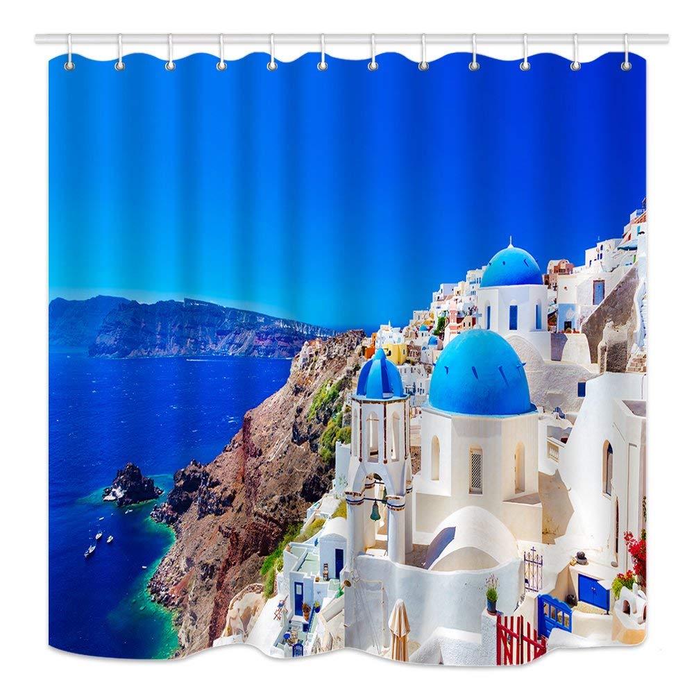 JOOCAR Bathroom Decorative, Greek Scenery Santorini White Stone Palace European City Seaside Landscape, Waterproof Polyester Fabric Shower Curtain with 12 Hooks Size: 72x72 Inch