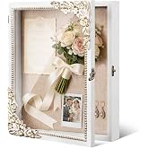 JeSemGro 11x14 Shadow Box Frame, Vintage Gold &amp; White Wood Display Case | Metal Latch &amp; Real Glass - Large Memory Box Shadowbox for Wedding, Graduation, DIY - Pet Memorial &amp; Loved One Remembrance