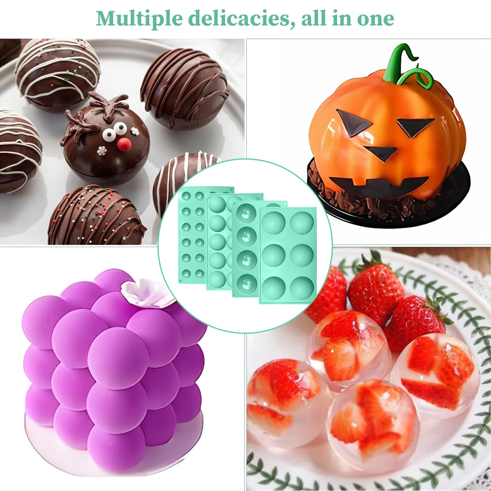 Zorazio Semi Sphere Silicone Chocolate Mold，Half Sphere Silicone Baking Mold,Semi Circular Silicone Mold for Making Chocolate, Cake, Jelly, Dome Mousse (6,8,15,24 Cavity), Green, Z-005