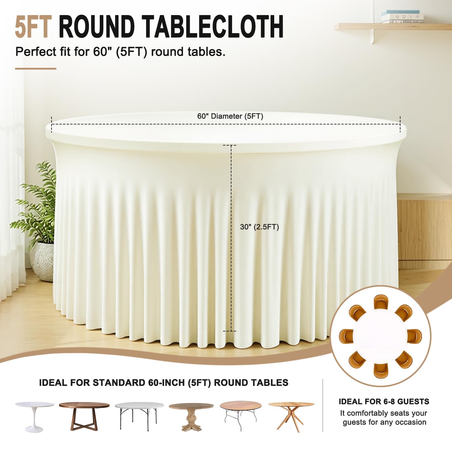 Condition photo showing New/Like New for gallety 4 pack ivory round tablecloth for 5ft round tables, 120 inch fitted spandex table cloth with