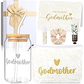 Funnymoom 8 Pcs Godmother Proposal Gift Set Will You Be My Godmother Glass Cup Lipstick Hand Cream Hair Tie Baptism Gift Box from Godchild for God Mother Auntie Valentines