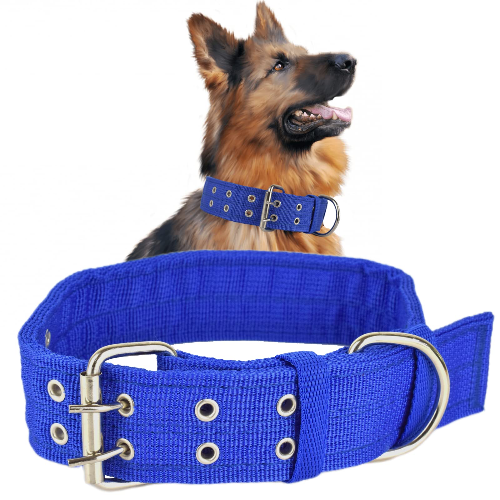 Cdycam Pet Dog Metal Buckle 2-Rows Army Green Nylon Fabric Belt Strap Adjustable Collar (L, Blue)