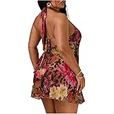 Floerns Women's Plus Size Y2k Cheetah Mini Dress Sleeveless Halter Neck Going Out Mesh Mini Dresses
