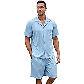 EK4YDNDS Men Pajama Set, Button Up Sleepwear Short Sleeve Pjs Soft Lapel Loungewear with Pockets
