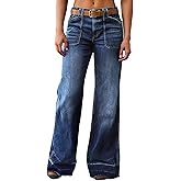 Flvsun Wide Straight Leg Stretchy Jeans for Women Mid High Waisted Baggy Denim Pants with Deep Pockets.