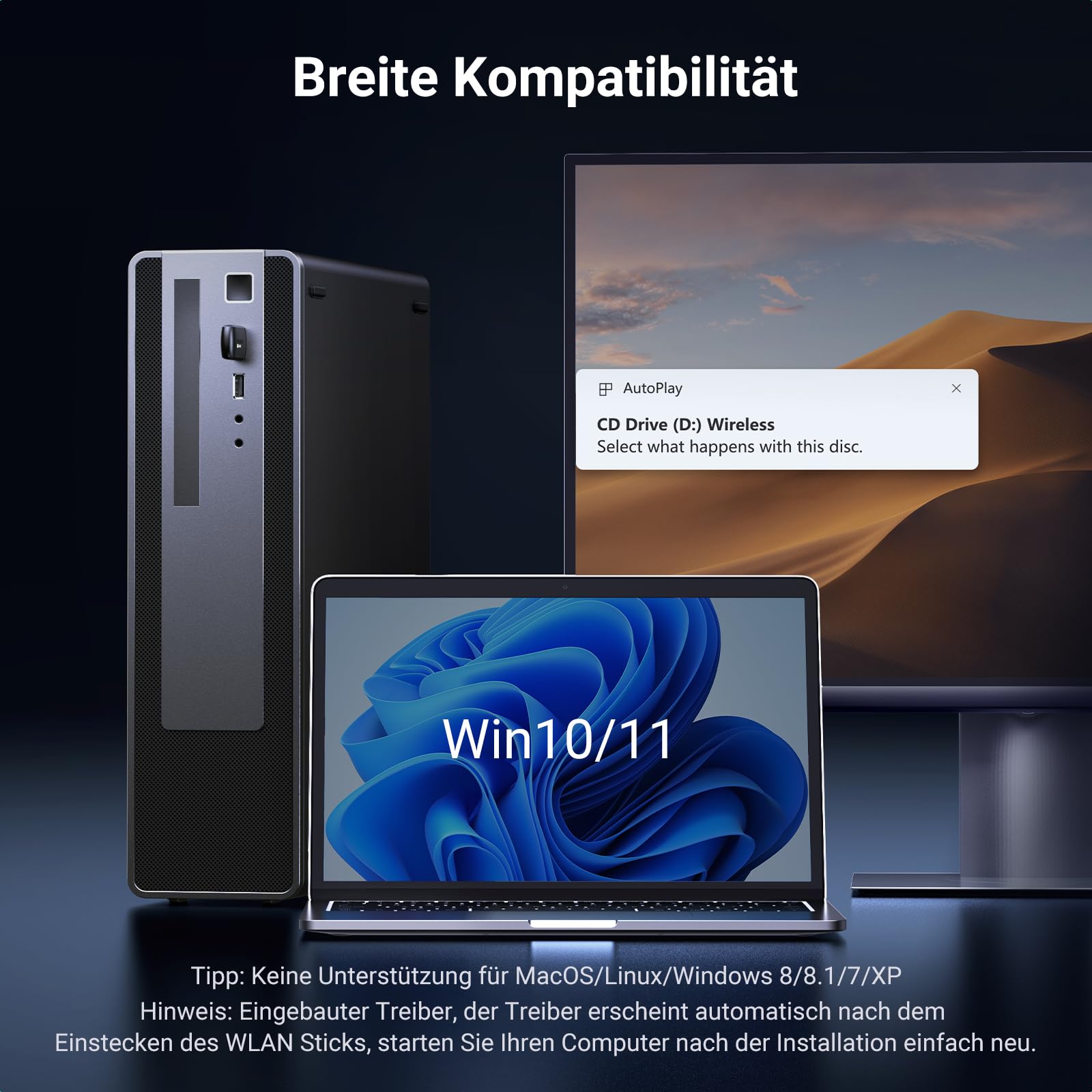 UGREEN WLAN Stick für PC AX900 WiFi 6 Primär WLAN Adapter PC Dual Band 2,4G/5GHz, eingebauter Treiber, OFDMA+MU-MIMO, WPA2-PSK, USB WLAN Stick kompatibel mit Windows 11/10. 6