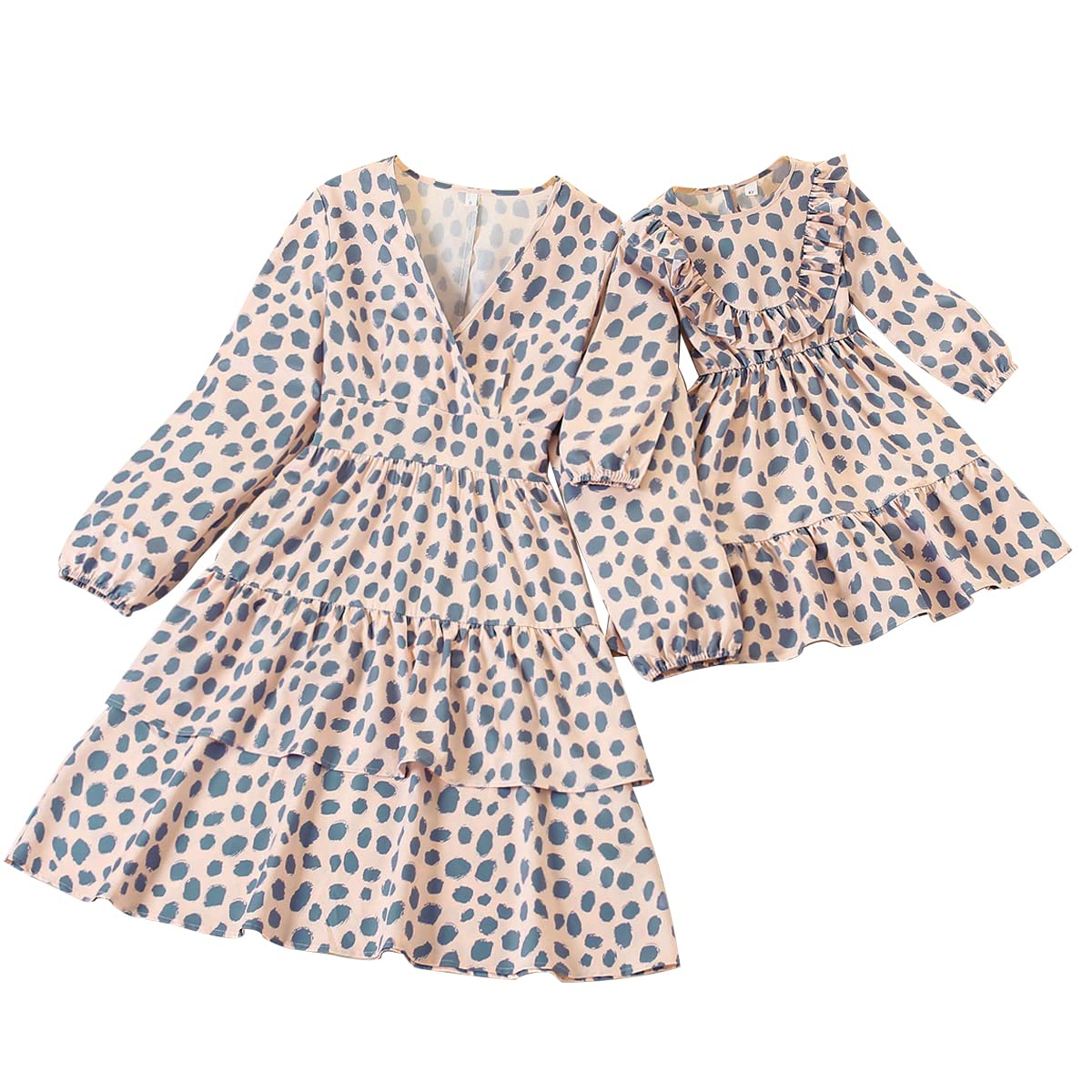 Photo 1 of **ONLY ADULT DRESS**Mommy and Me Matching Dresses Ruffles Floral Printed Short Sleeves Midi Long Dress A-Line Flowy Summer Casual Beach Hawaiian Vacation Boho Mom Daughter Matching Outfits Dusty Pink Polka Dots X-Large